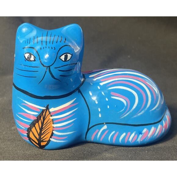 Talavera Style Cat Small Blue Glossy Hand Painted Figurine Colorful - Picture 1 of 7